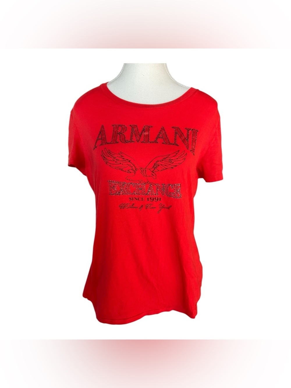 Armani Exchange AX Red Logo Tee Eagle Graphic Rhinestone Top XL